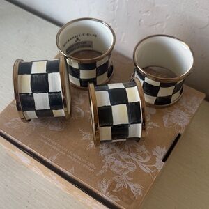 MacKenzie-Childs Black and White Checkered Napkin Rings with Gold Trim (Set)